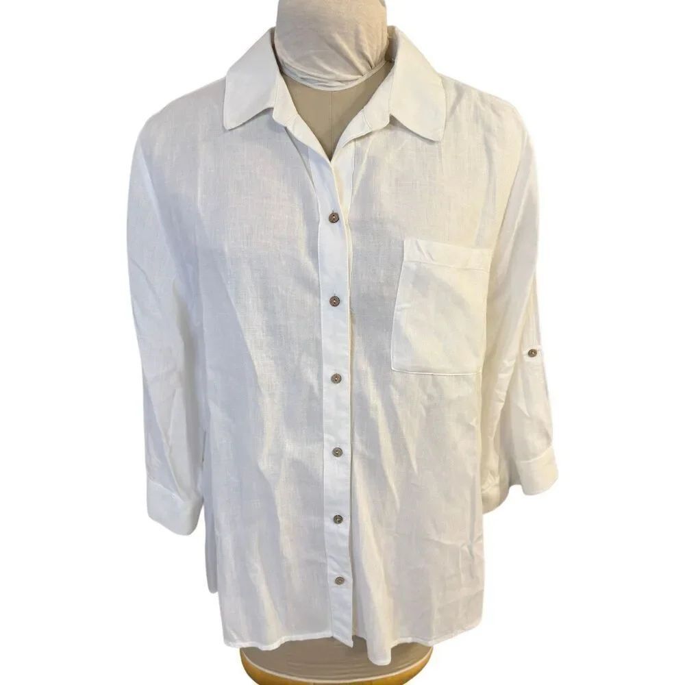 Chico’s Linen Blend Button Front Blouse XL Roll Tab Sleeve Oversized Lightweight
